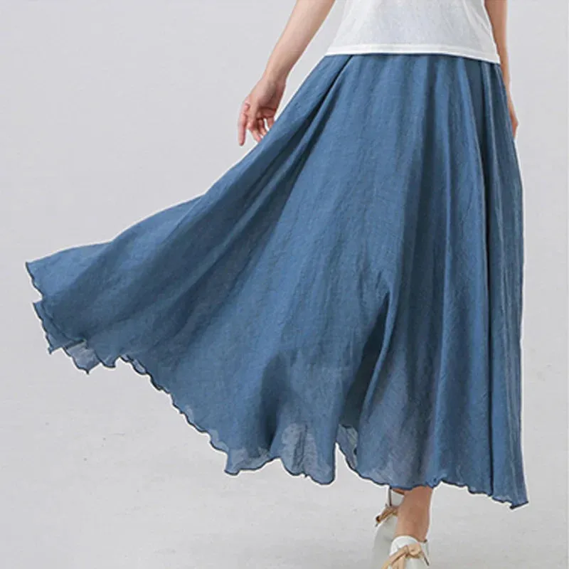 Cotton Linen Maxi Skirt Women Elastic High Waist Pleated A-Line Beach Skirts Boho