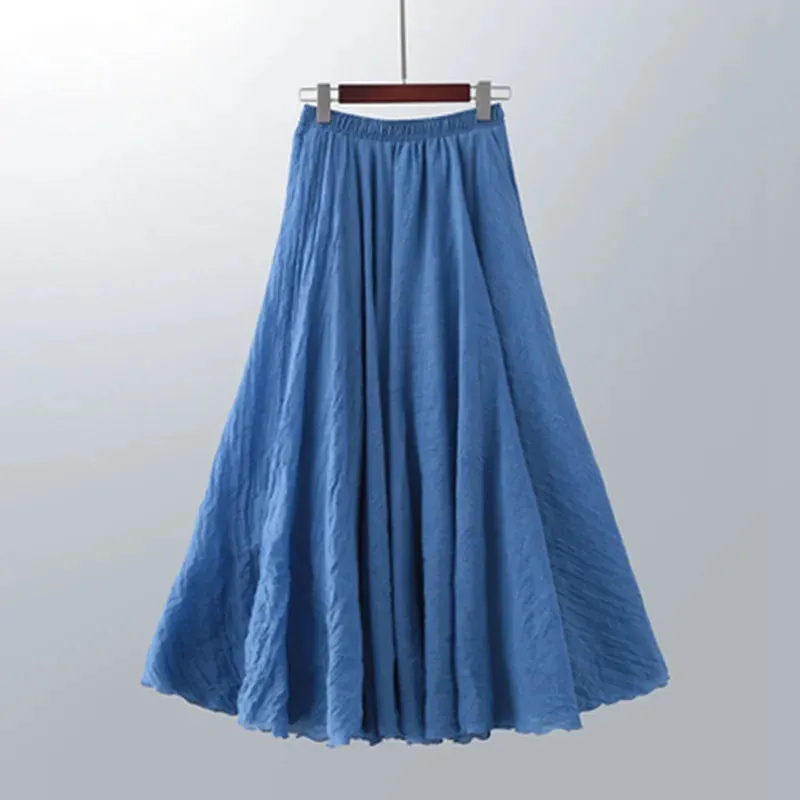 Cotton Linen Maxi Skirt Women Elastic High Waist Pleated A-Line Beach Skirts Boho
