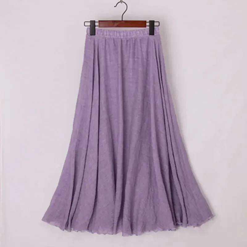 Cotton Linen Maxi Skirt Women Elastic High Waist Pleated A-Line Beach Skirts Boho