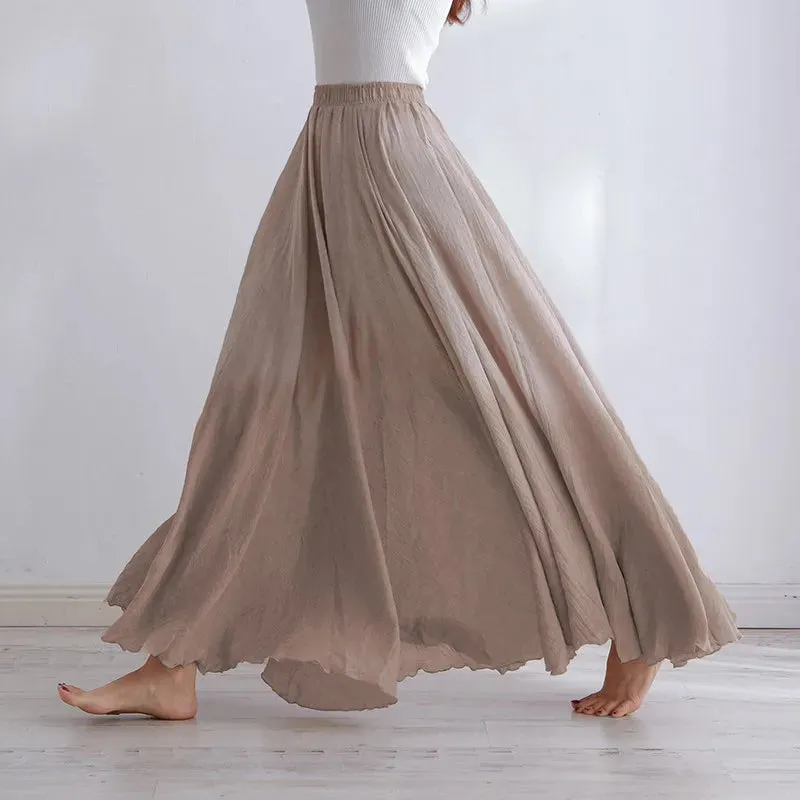 Cotton Linen Maxi Skirt Women Elastic High Waist Pleated A-Line Beach Skirts Boho