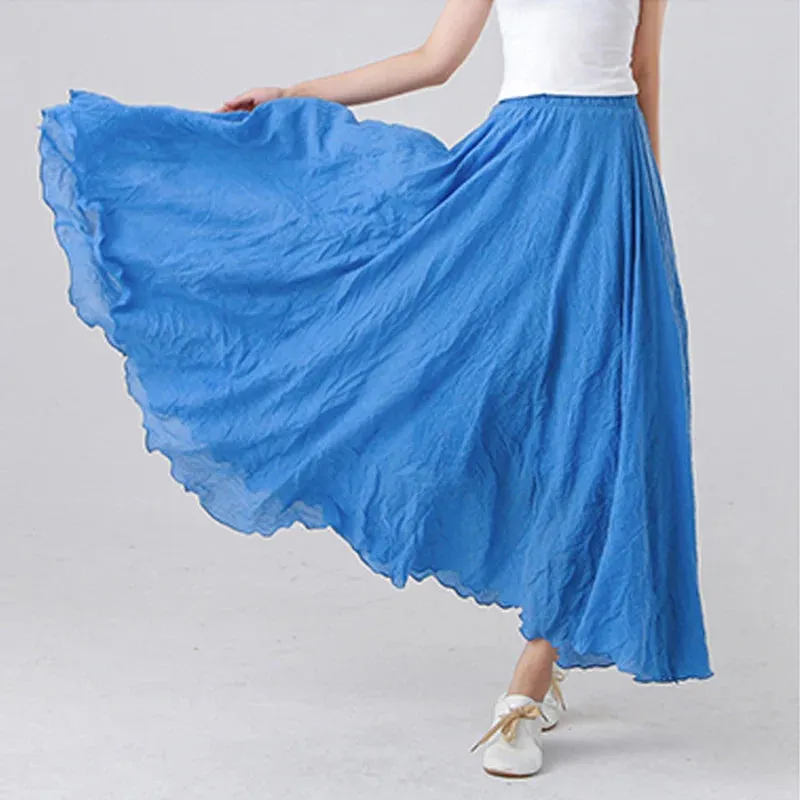 Cotton Linen Maxi Skirt Women Elastic High Waist Pleated A-Line Beach Skirts Boho