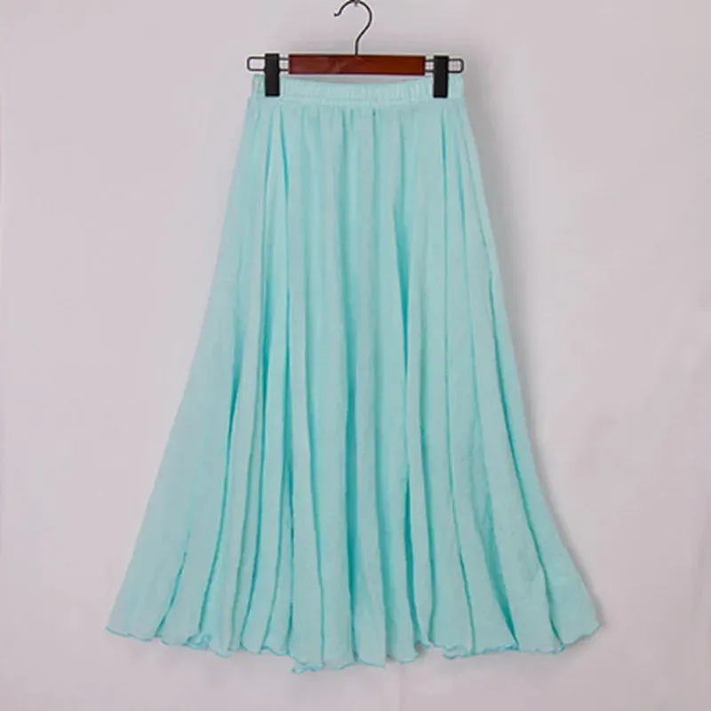 Cotton Linen Maxi Skirt Women Elastic High Waist Pleated A-Line Beach Skirts Boho