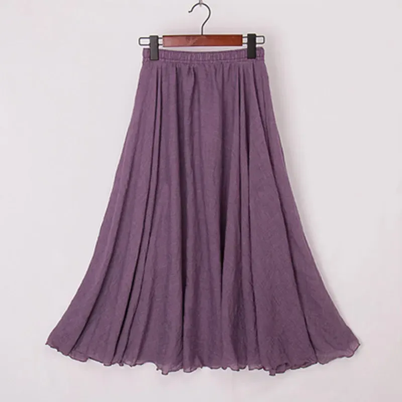 Cotton Linen Maxi Skirt Women Elastic High Waist Pleated A-Line Beach Skirts Boho