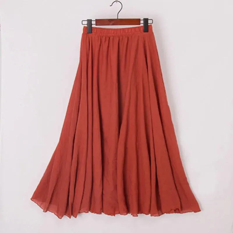 Cotton Linen Maxi Skirt Women Elastic High Waist Pleated A-Line Beach Skirts Boho