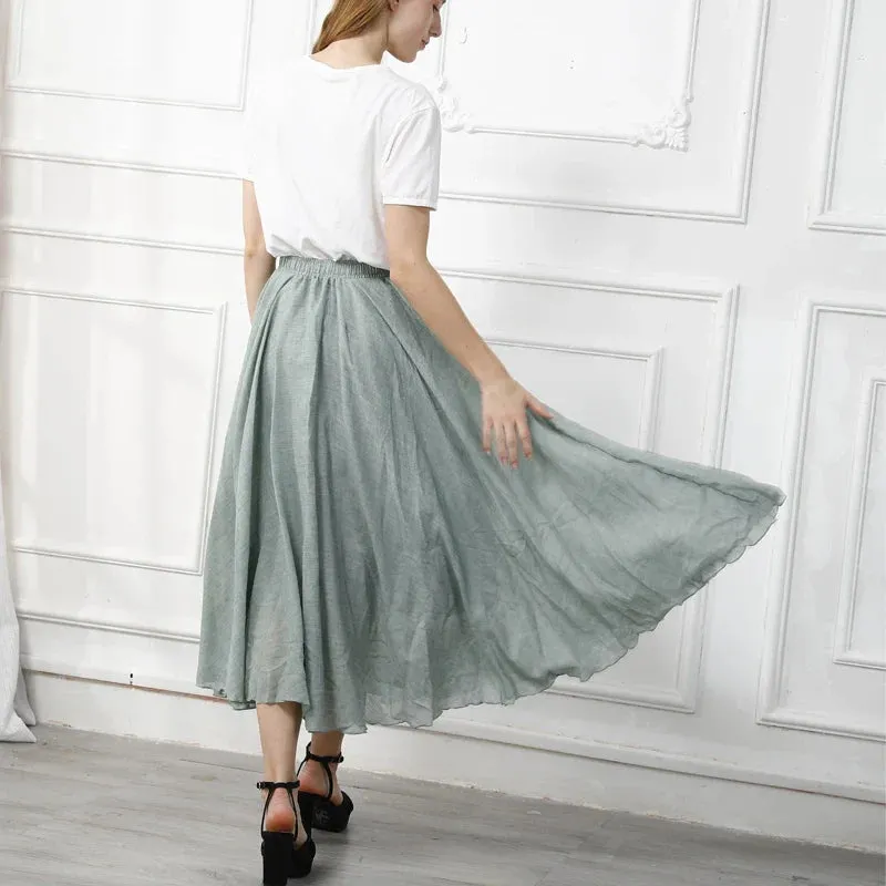 Cotton Linen Maxi Skirt Women Elastic High Waist Pleated A-Line Beach Skirts Boho