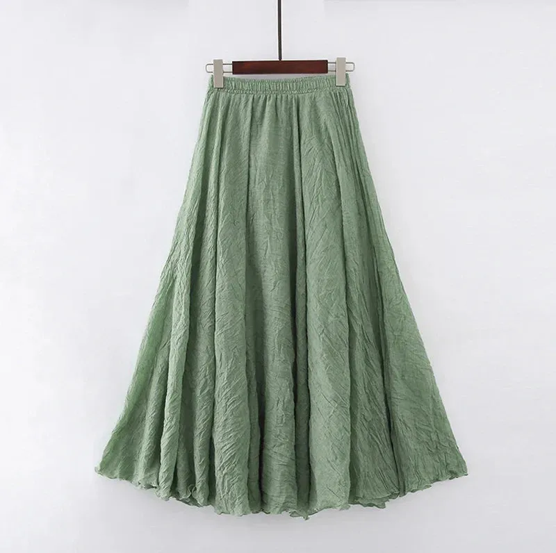 Cotton Linen Maxi Skirt Women Elastic High Waist Pleated A-Line Beach Skirts Boho