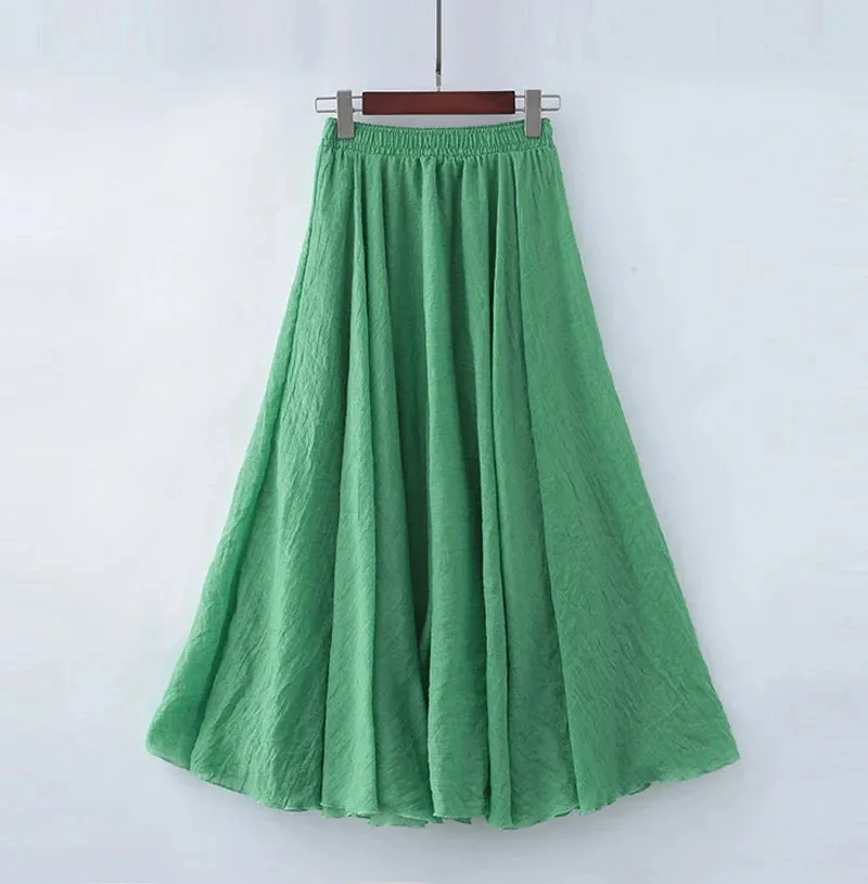 Cotton Linen Maxi Skirt Women Elastic High Waist Pleated A-Line Beach Skirts Boho