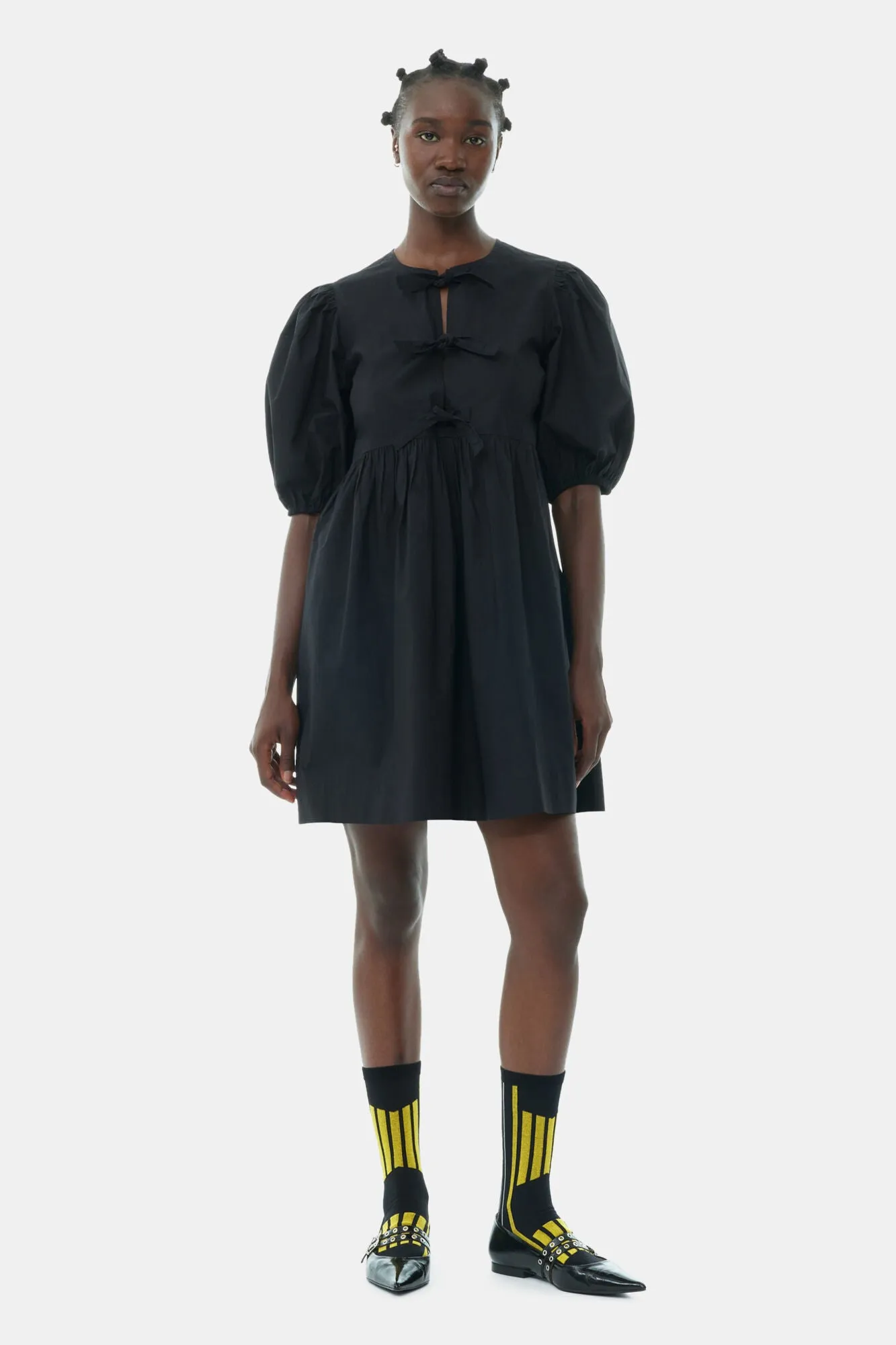 COTTON POPLIN TIE STRING MINI DRESS | BLACK