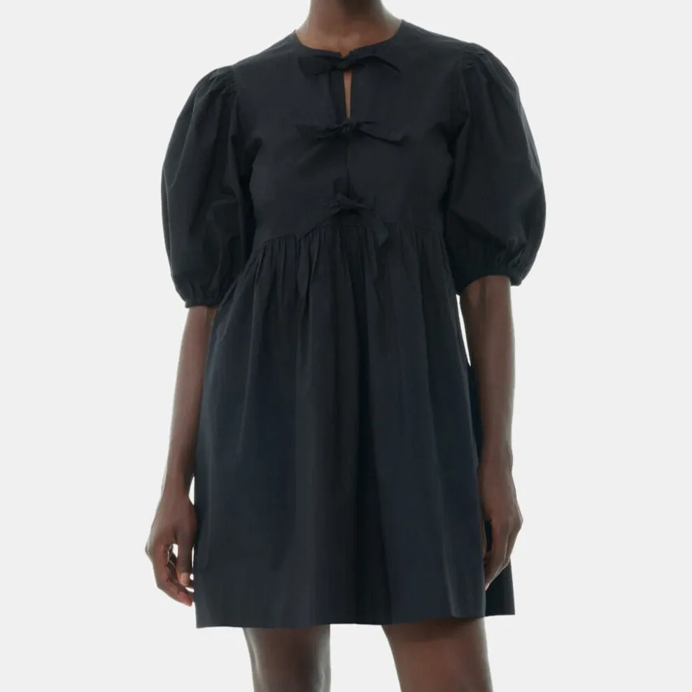 COTTON POPLIN TIE STRING MINI DRESS | BLACK