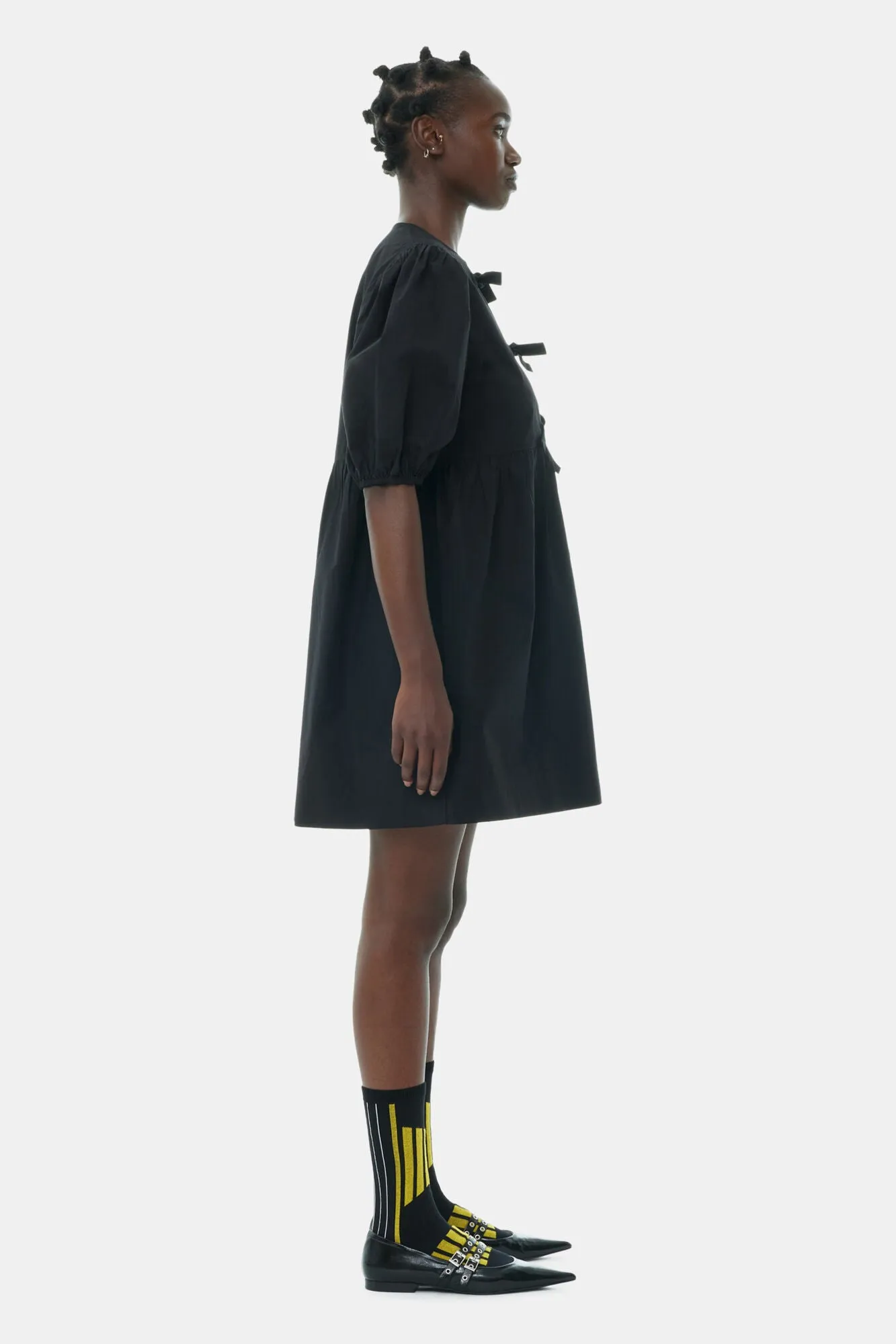 COTTON POPLIN TIE STRING MINI DRESS | BLACK