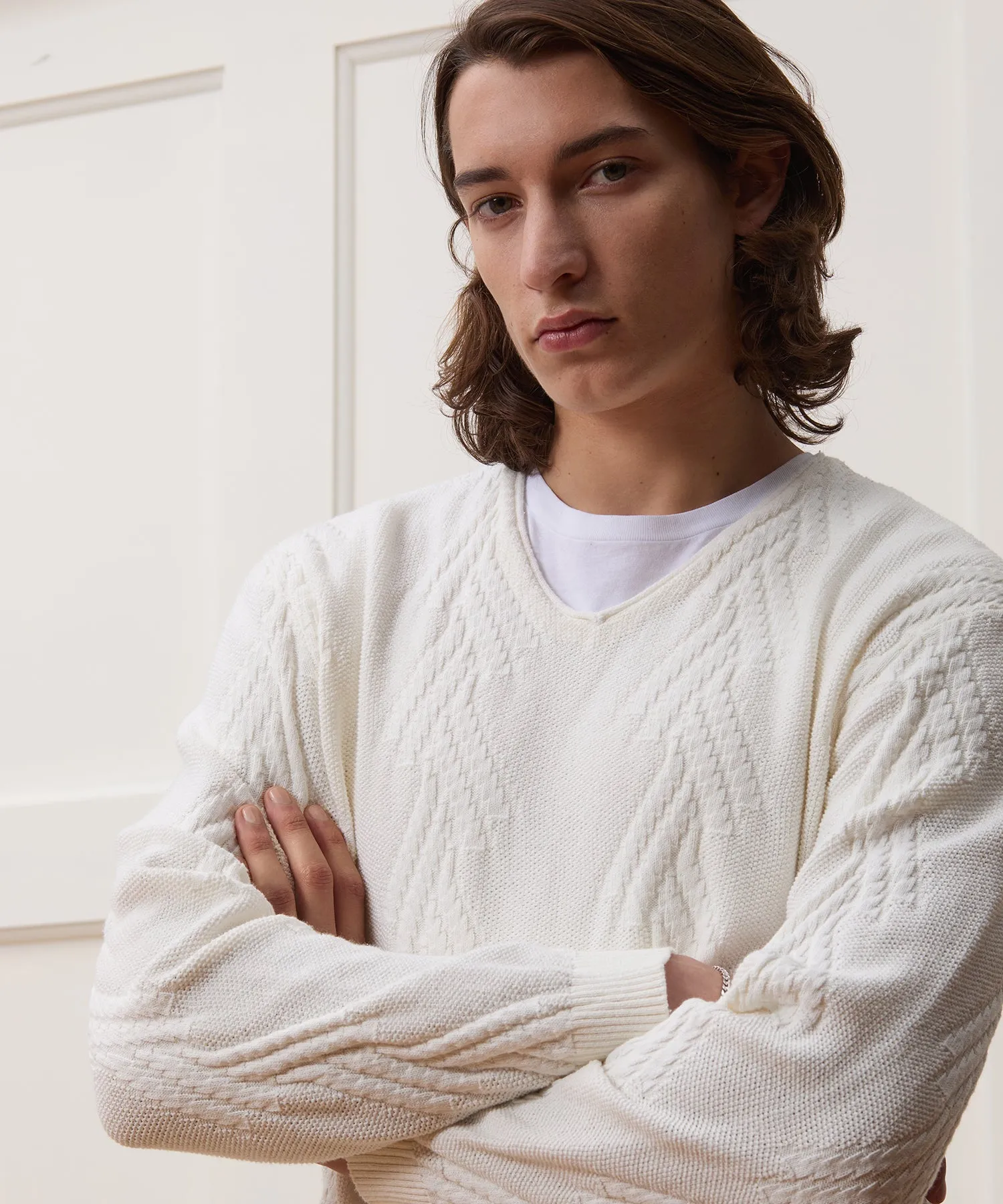 Cotton V-Neck Fisherman Sweater