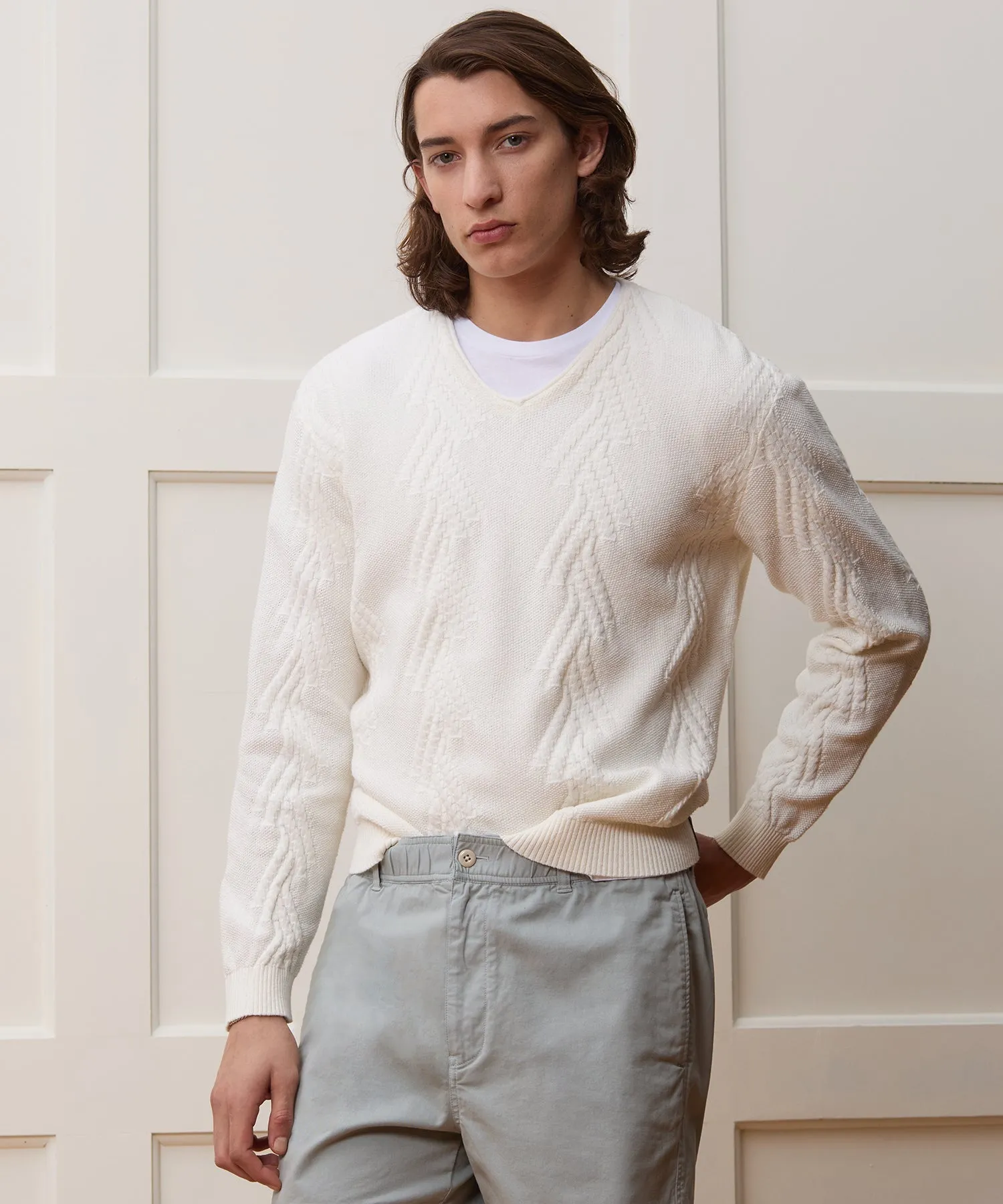 Cotton V-Neck Fisherman Sweater