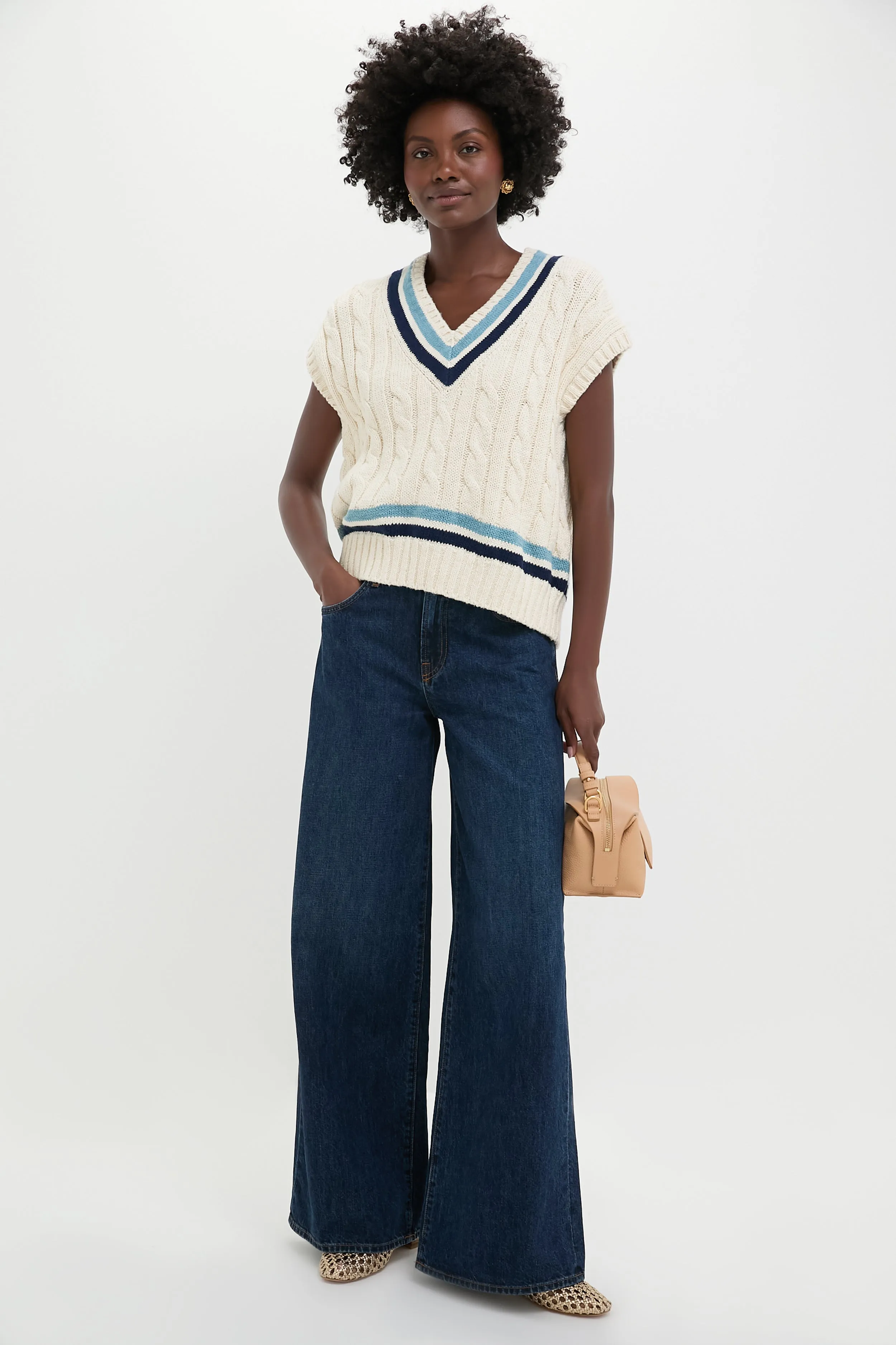 Cream and Blue Multi Sleeveless V-Neck Pullover Sweater