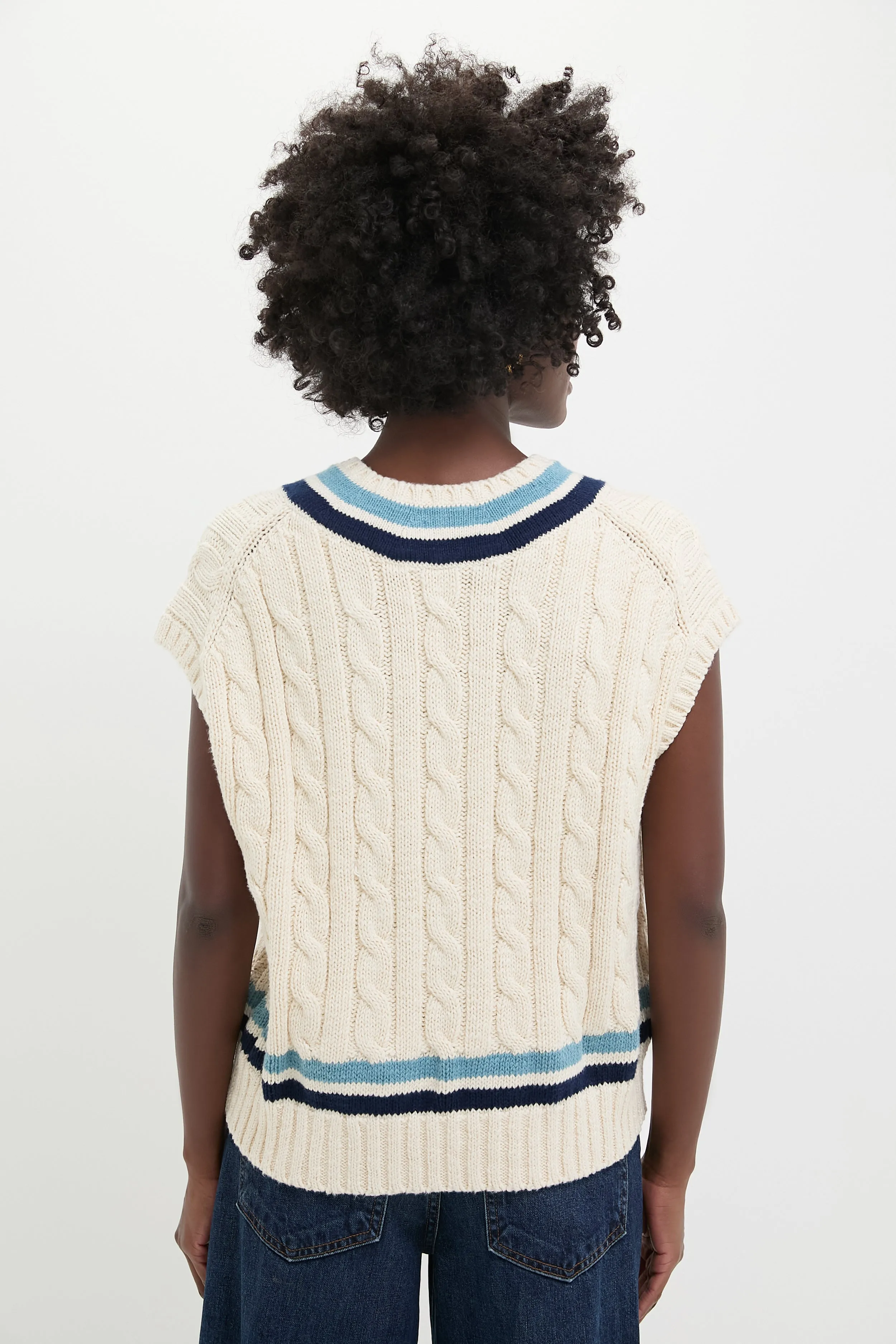 Cream and Blue Multi Sleeveless V-Neck Pullover Sweater