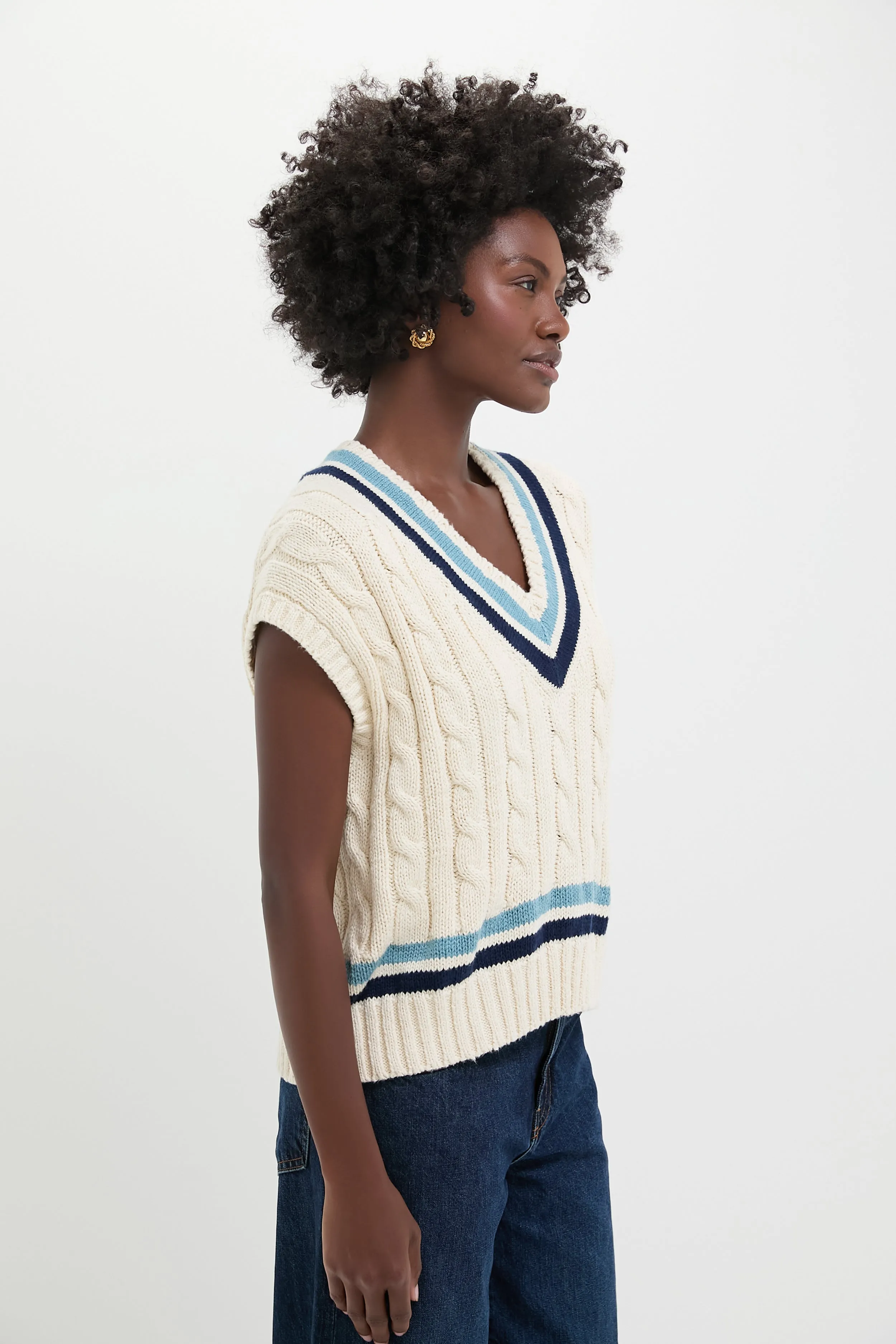 Cream and Blue Multi Sleeveless V-Neck Pullover Sweater