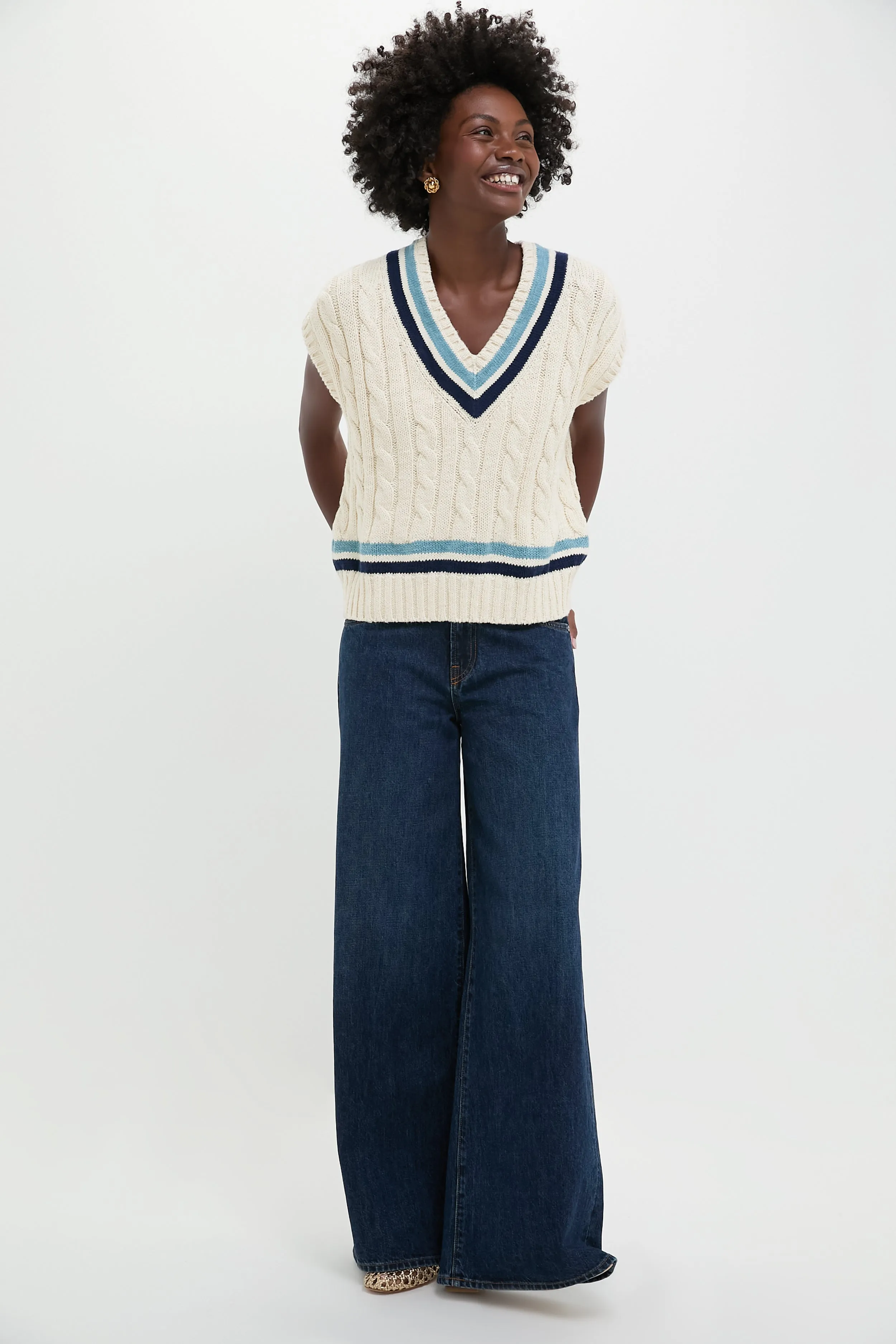 Cream and Blue Multi Sleeveless V-Neck Pullover Sweater