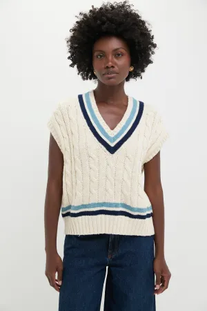 Cream and Blue Multi Sleeveless V-Neck Pullover Sweater