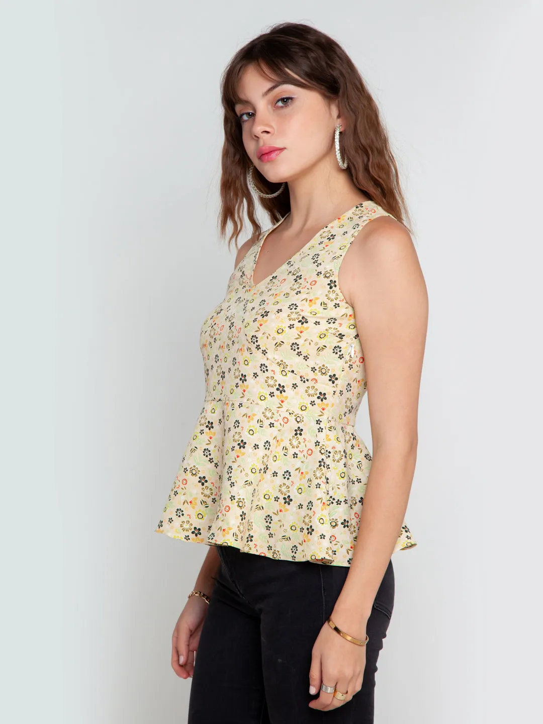 Cream Printed Peplum Top