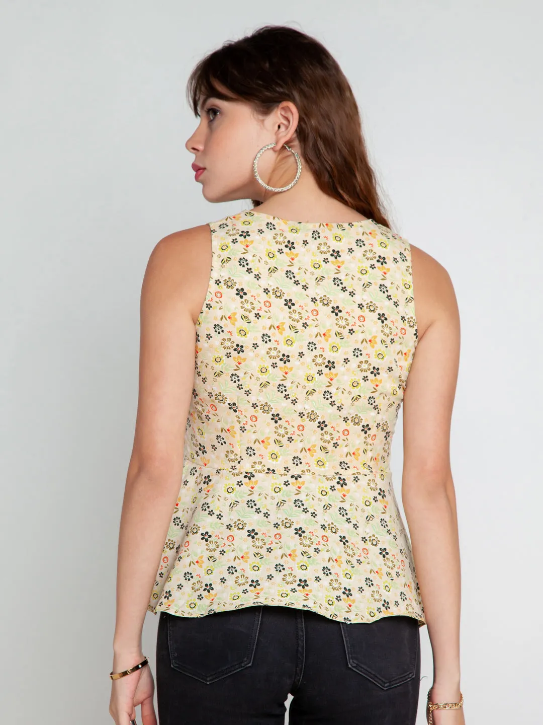 Cream Printed Peplum Top