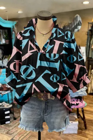 Cute Gamma Phi Delta Print Puff Sleeve Blouse
