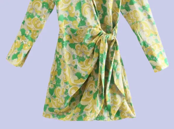 Dress Woman Vintage Print Mini Shirt Dress Long Sleeve Wrap Tied Casual Short Dresses