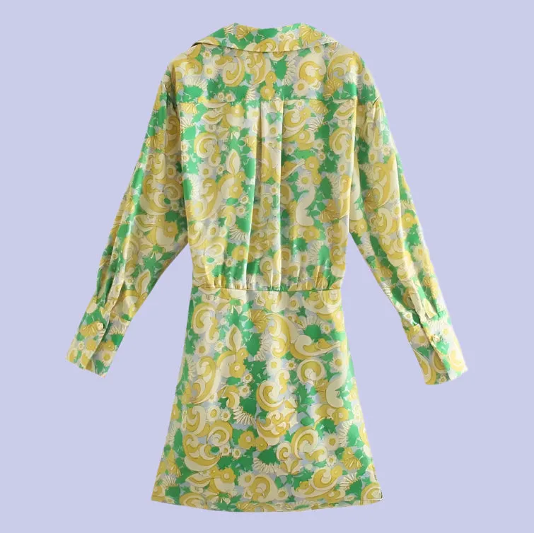 Dress Woman Vintage Print Mini Shirt Dress Long Sleeve Wrap Tied Casual Short Dresses