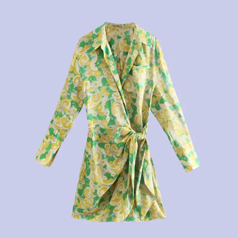 Dress Woman Vintage Print Mini Shirt Dress Long Sleeve Wrap Tied Casual Short Dresses
