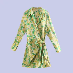 Dress Woman Vintage Print Mini Shirt Dress Long Sleeve Wrap Tied Casual Short Dresses