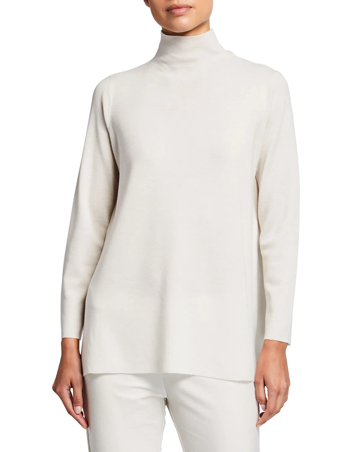 Eileen Fisher Solid Mock-Neck Asymmetrical Tunic Sweater IVORY Medium