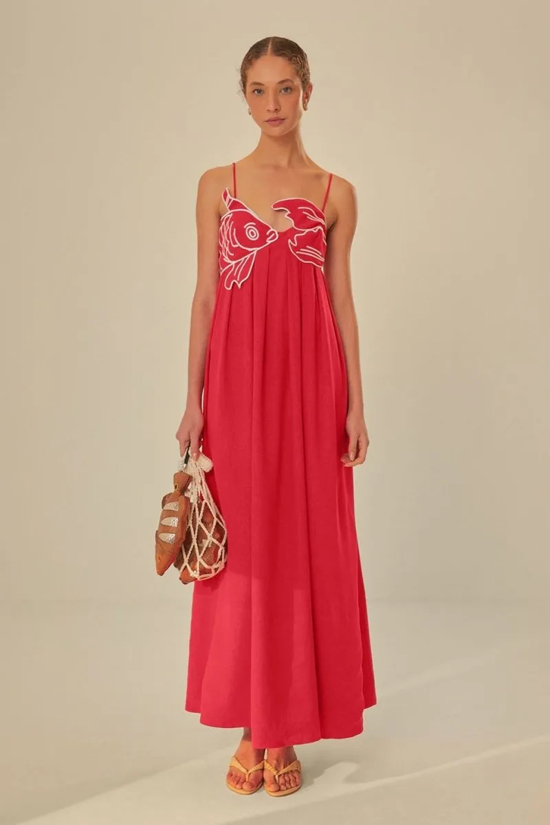 Eileen | Goldfish Embroidered Maxi Slip Dress