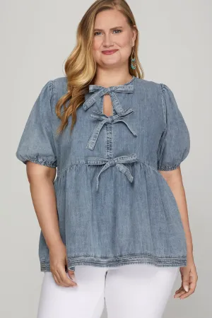 Elaina Puff Sleeve Peplum Blouse, Denim Blue | Extended Sizes