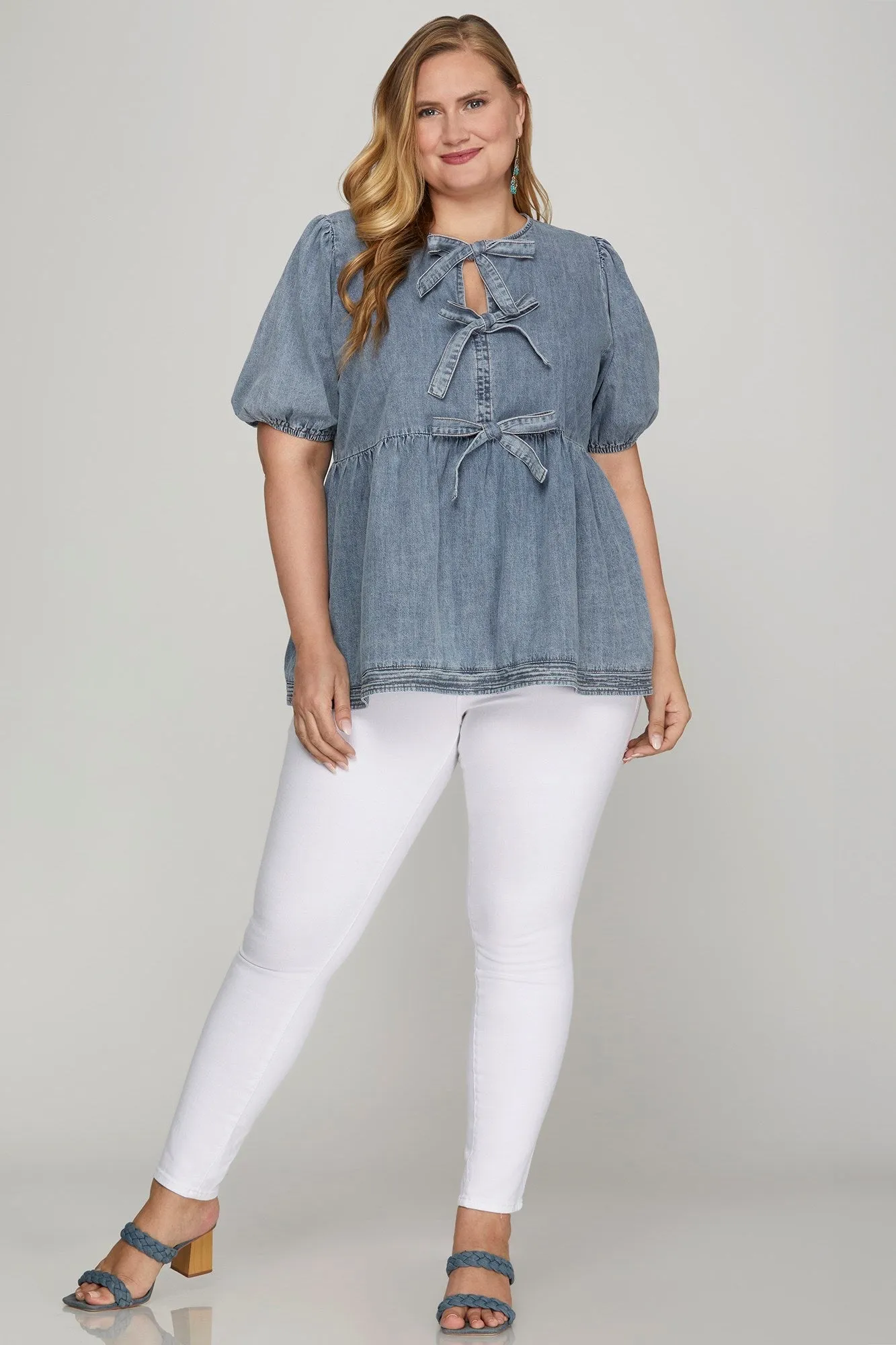 Elaina Puff Sleeve Peplum Blouse, Denim Blue | Extended Sizes