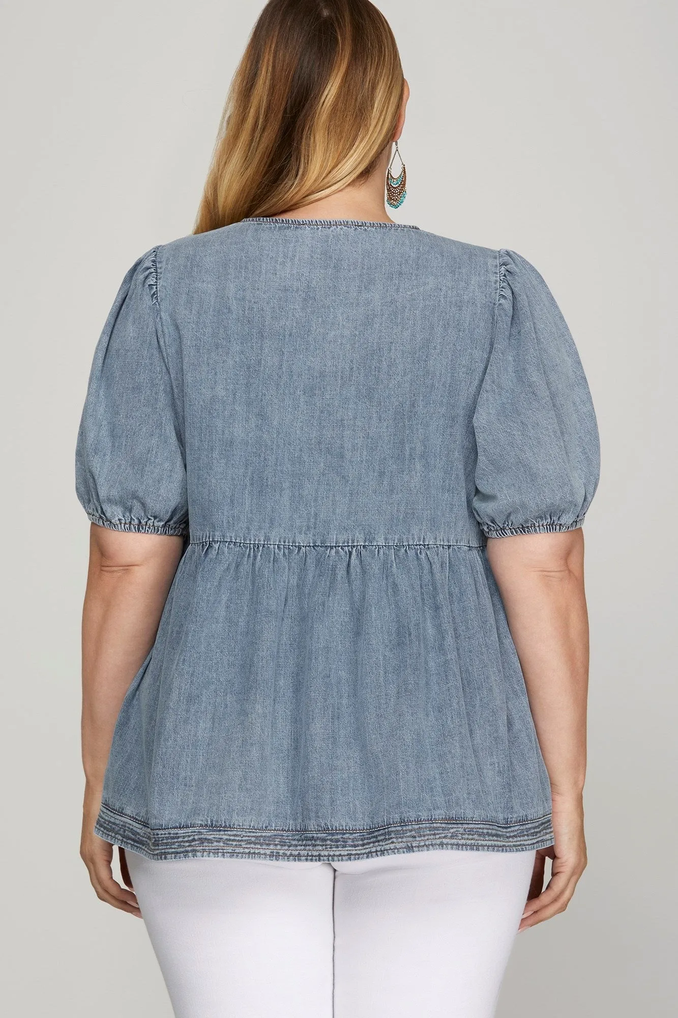 Elaina Puff Sleeve Peplum Blouse, Denim Blue | Extended Sizes