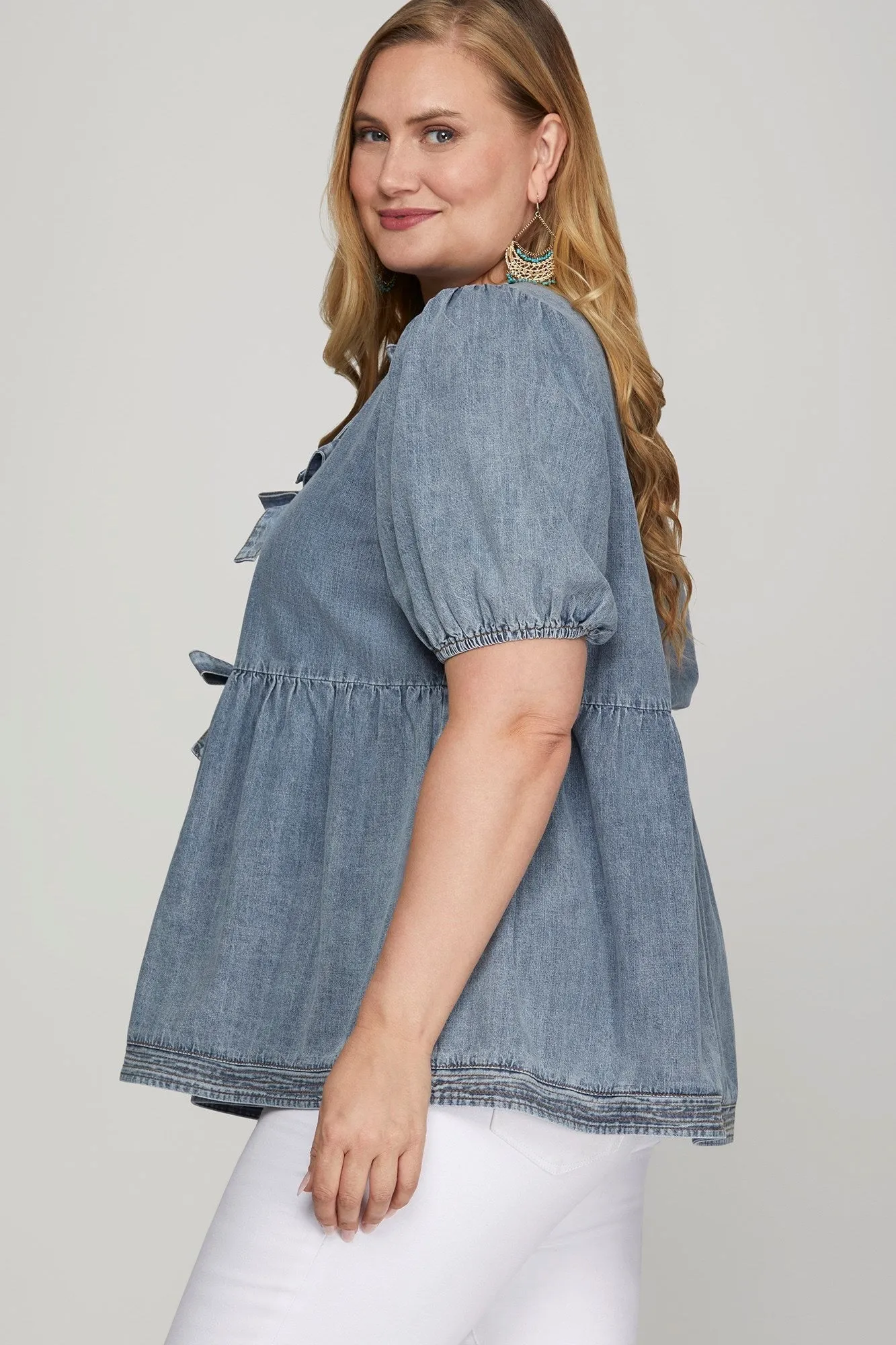 Elaina Puff Sleeve Peplum Blouse, Denim Blue | Extended Sizes