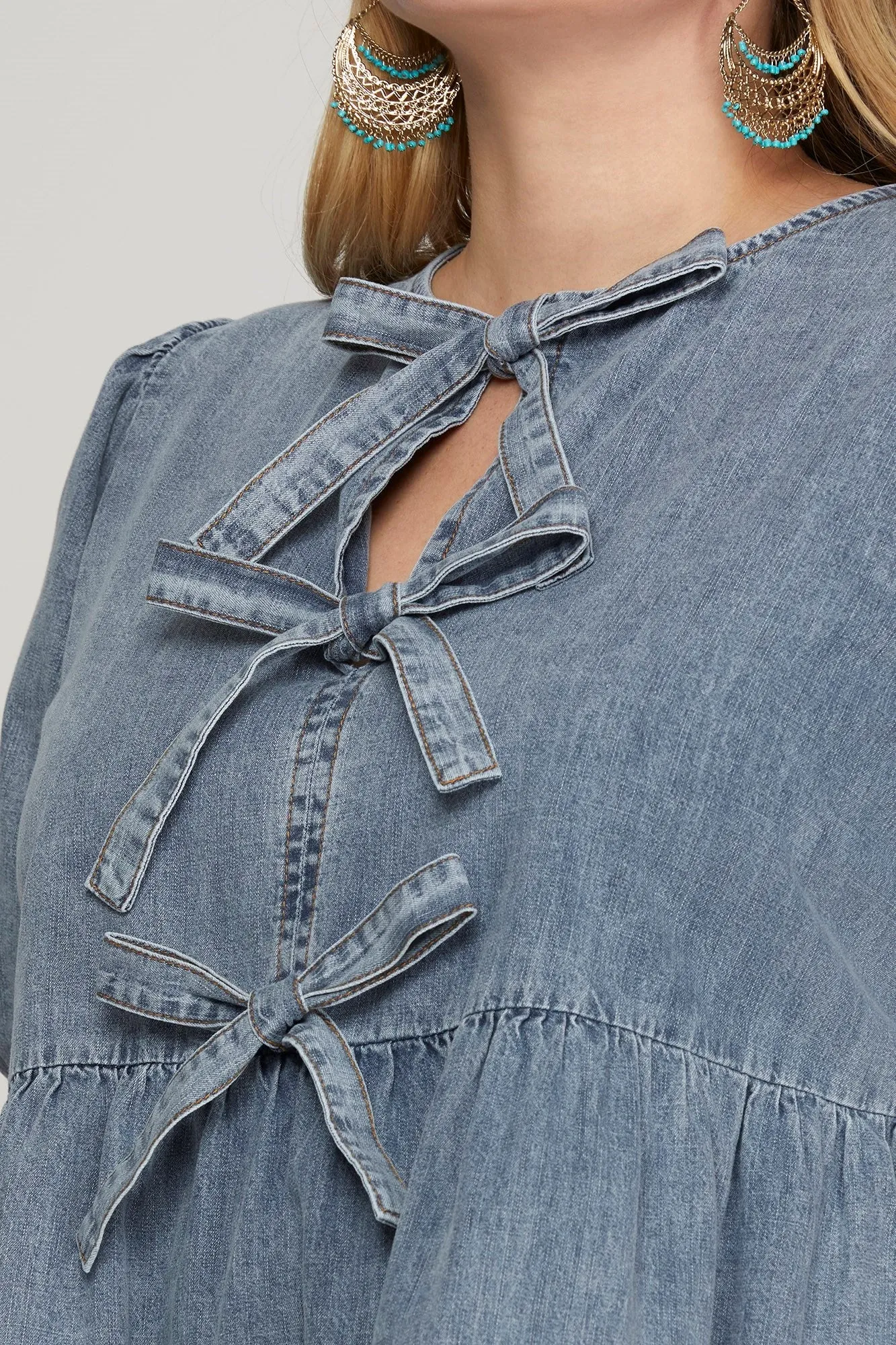 Elaina Puff Sleeve Peplum Blouse, Denim Blue | Extended Sizes
