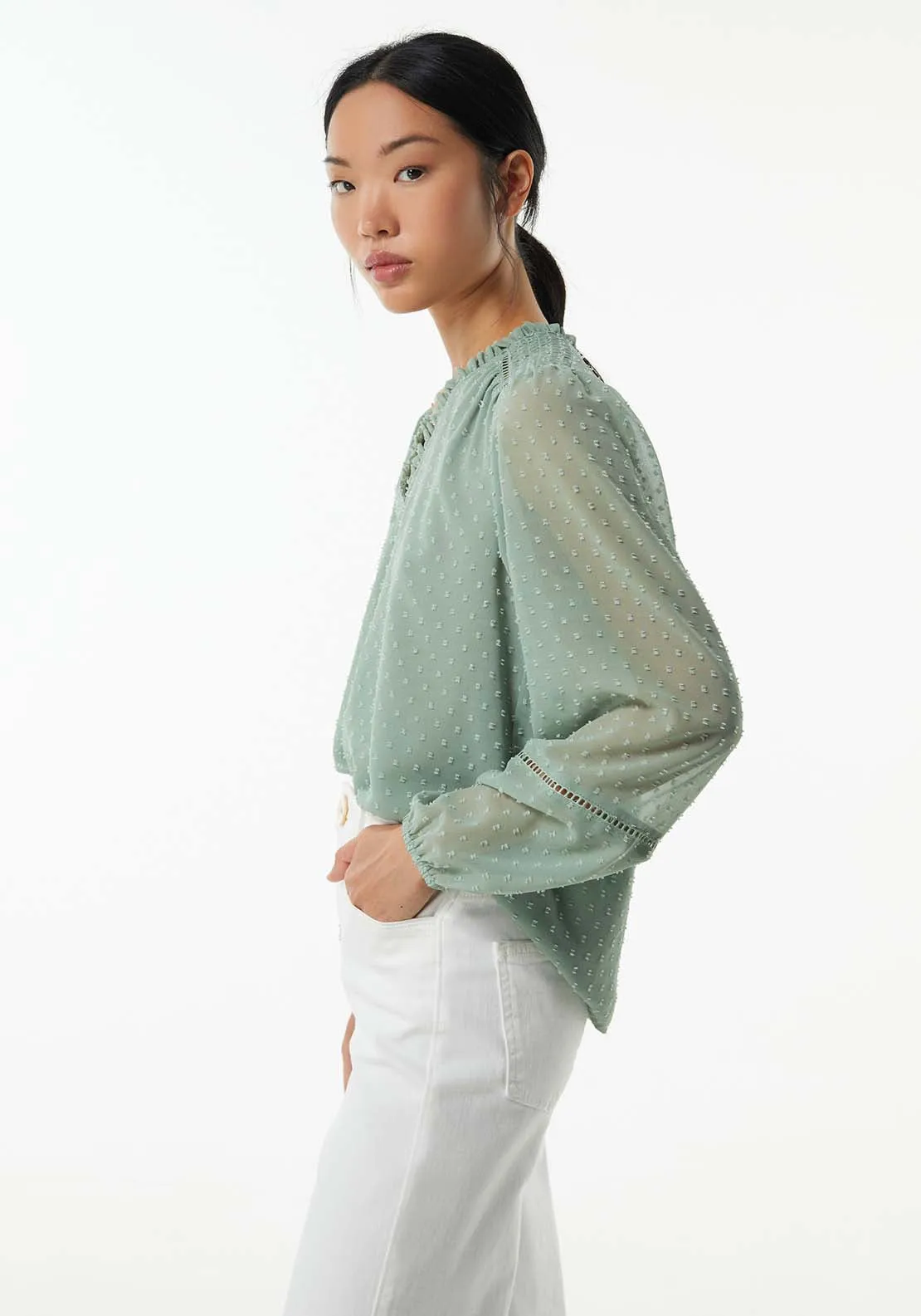 Elastic details plumetis blouse - Green