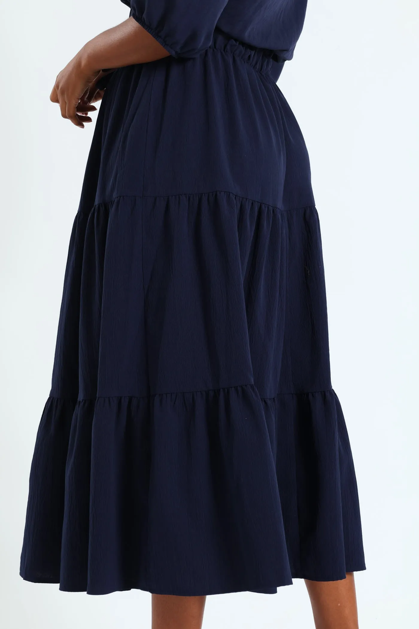 Elasticated Tiered Maxi Skirt - Navy