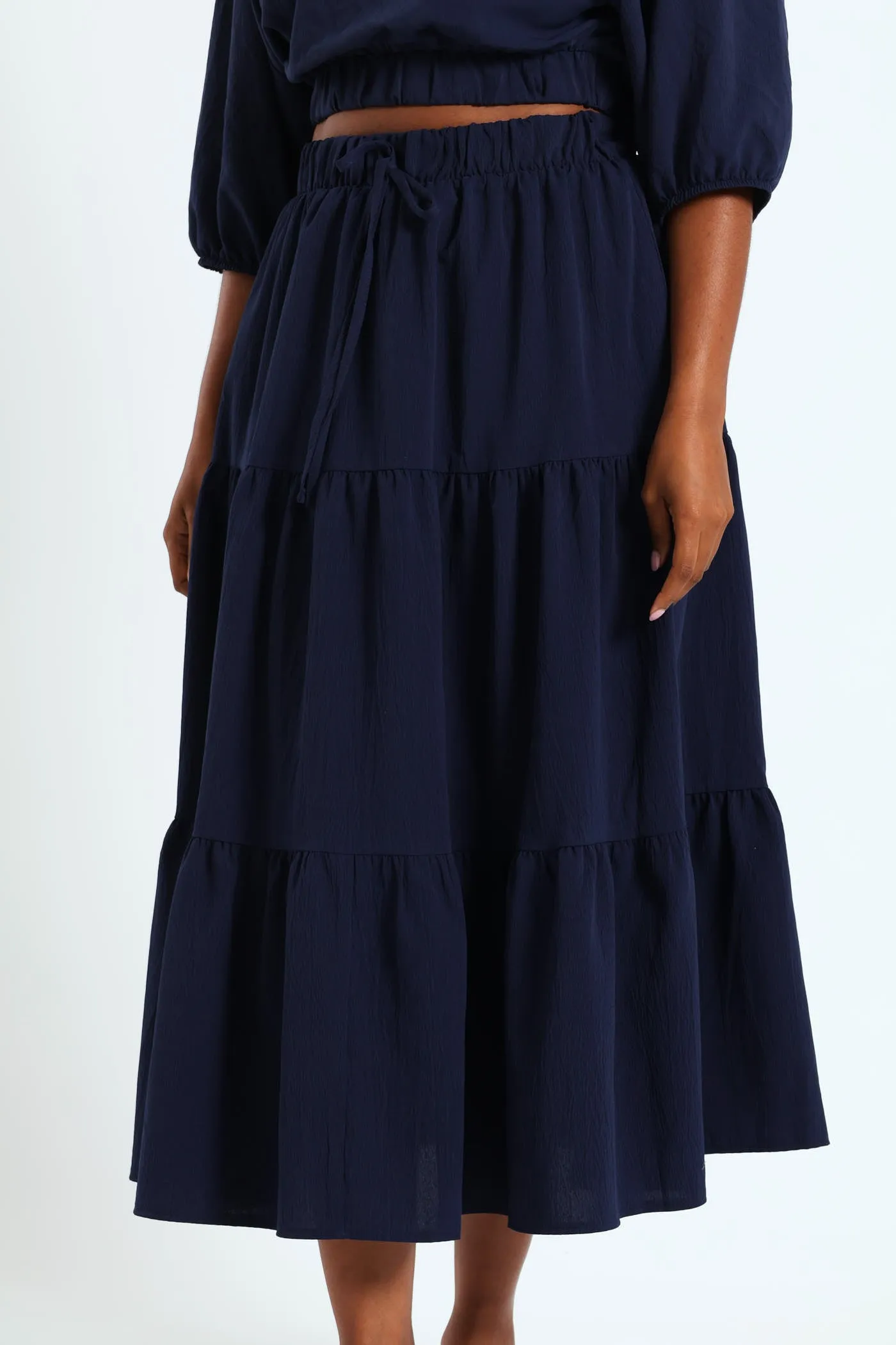 Elasticated Tiered Maxi Skirt - Navy