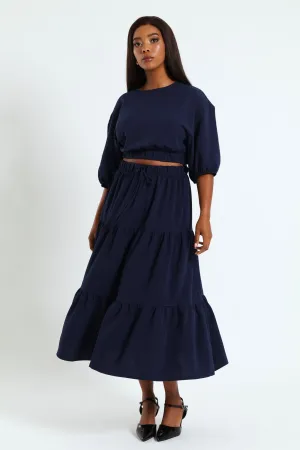 Elasticated Tiered Maxi Skirt - Navy
