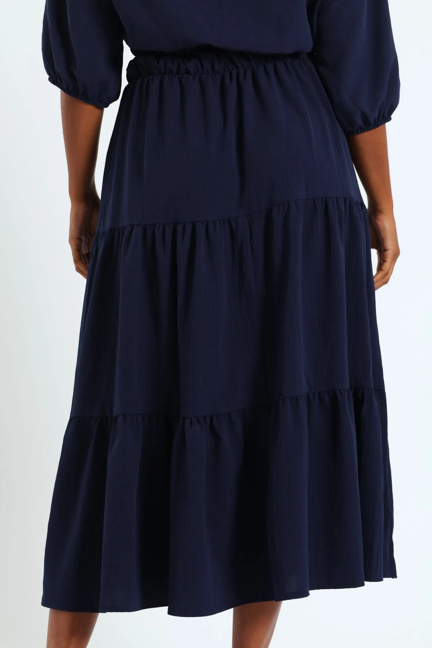 Elasticated Tiered Maxi Skirt - Navy
