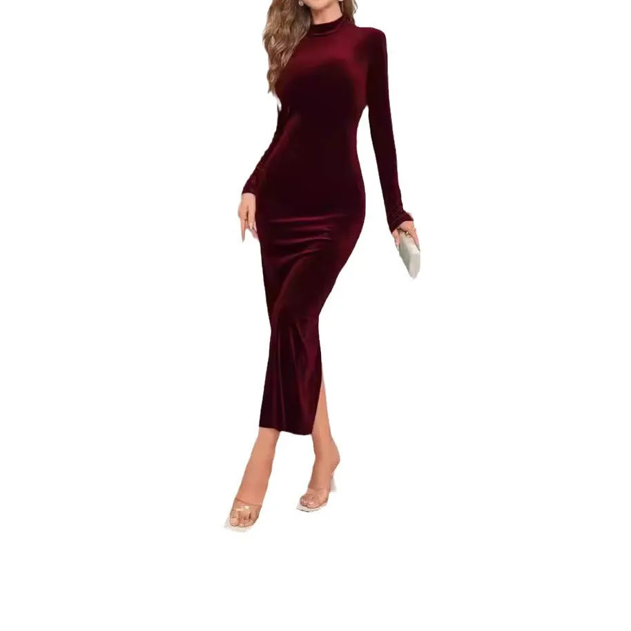 Elegant And Fashionable Slim Fit Slit Hip-Wrapped Long-Sleeved Velvet Dress Wholesale Womens Clothing N3824121200046