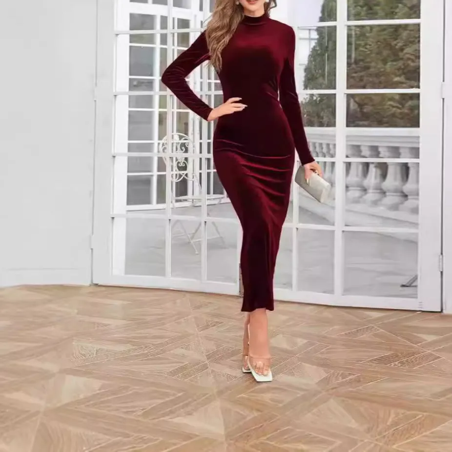 Elegant And Fashionable Slim Fit Slit Hip-Wrapped Long-Sleeved Velvet Dress Wholesale Womens Clothing N3824121200046
