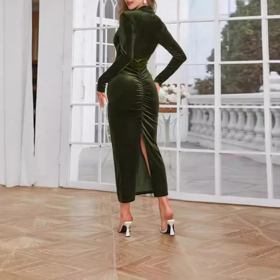 Elegant And Fashionable Slim Fit Slit Hip-Wrapped Long-Sleeved Velvet Dress Wholesale Womens Clothing N3824121200046