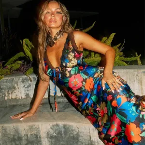 Elegant V-neck Slip Floral Print Satin Maxi Dress For Women Summer Backless Lace Bodycon Beach Party Dresses