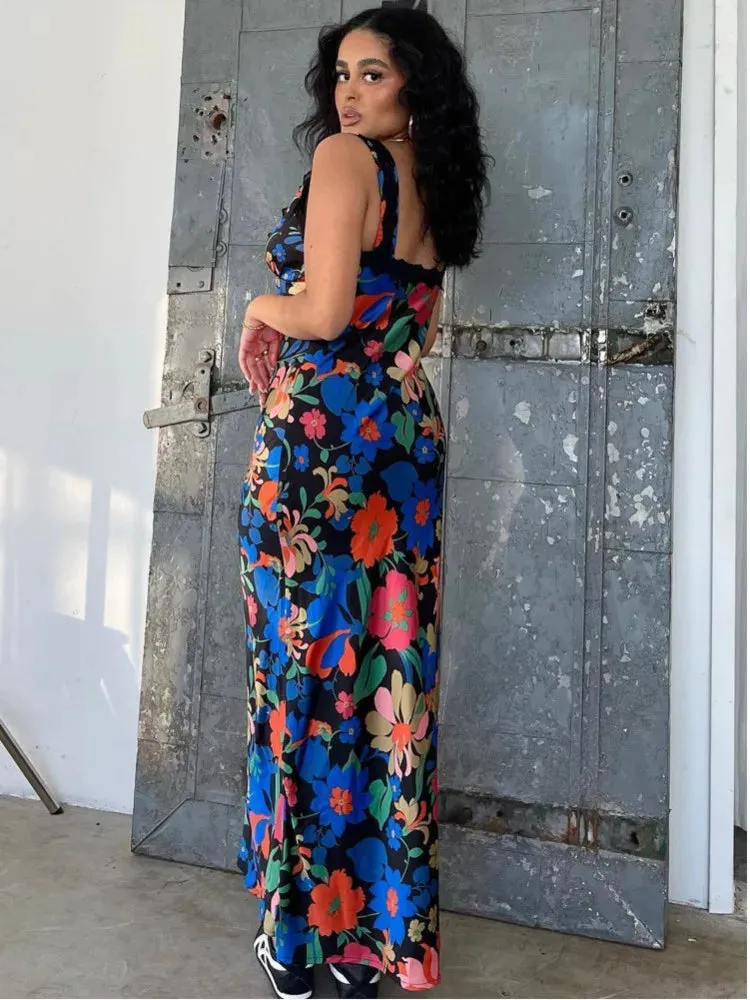Elegant V-neck Slip Floral Print Satin Maxi Dress For Women Summer Backless Lace Bodycon Beach Party Dresses