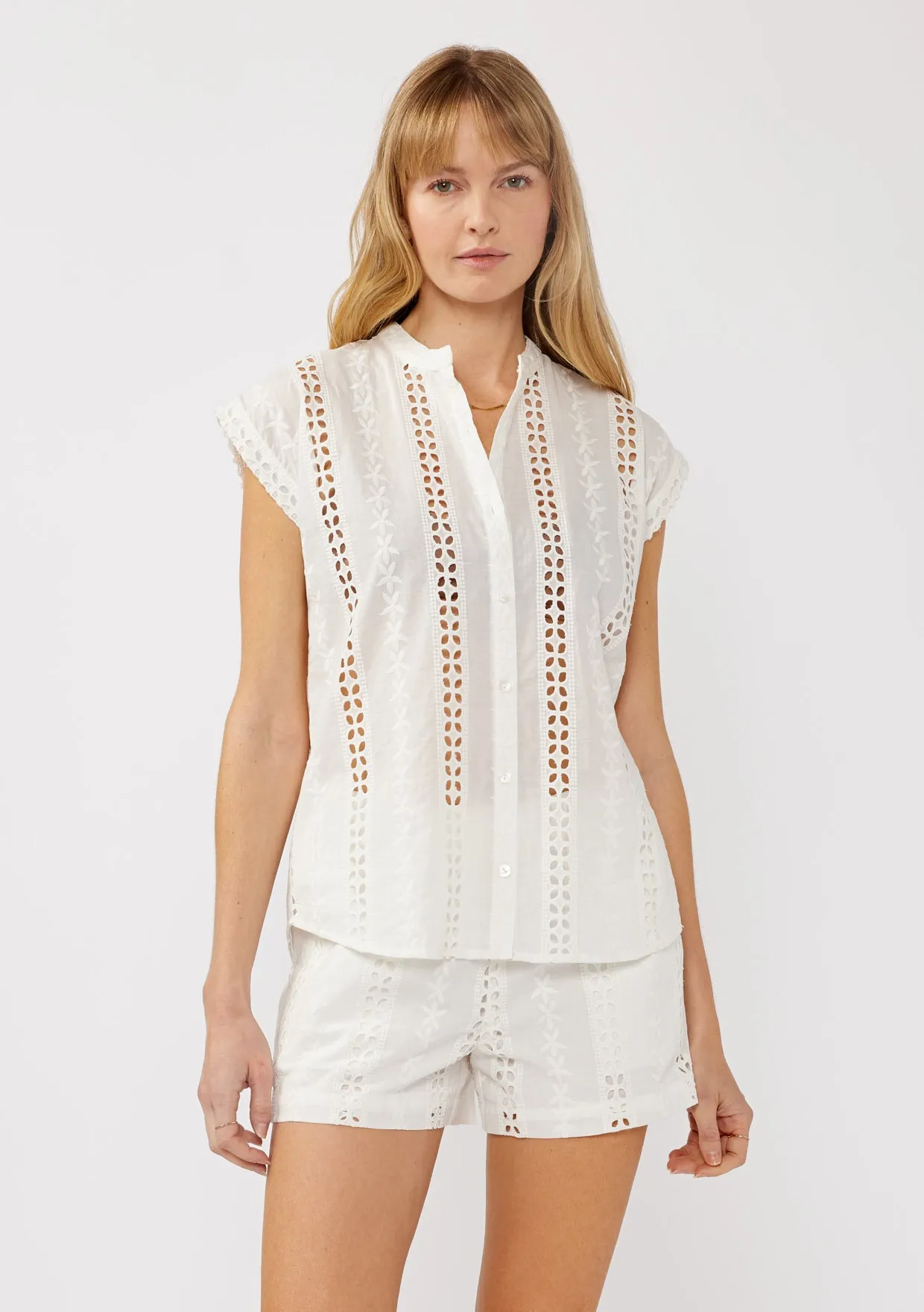 Embroidered Eyelet Button-Down Camp Shirt