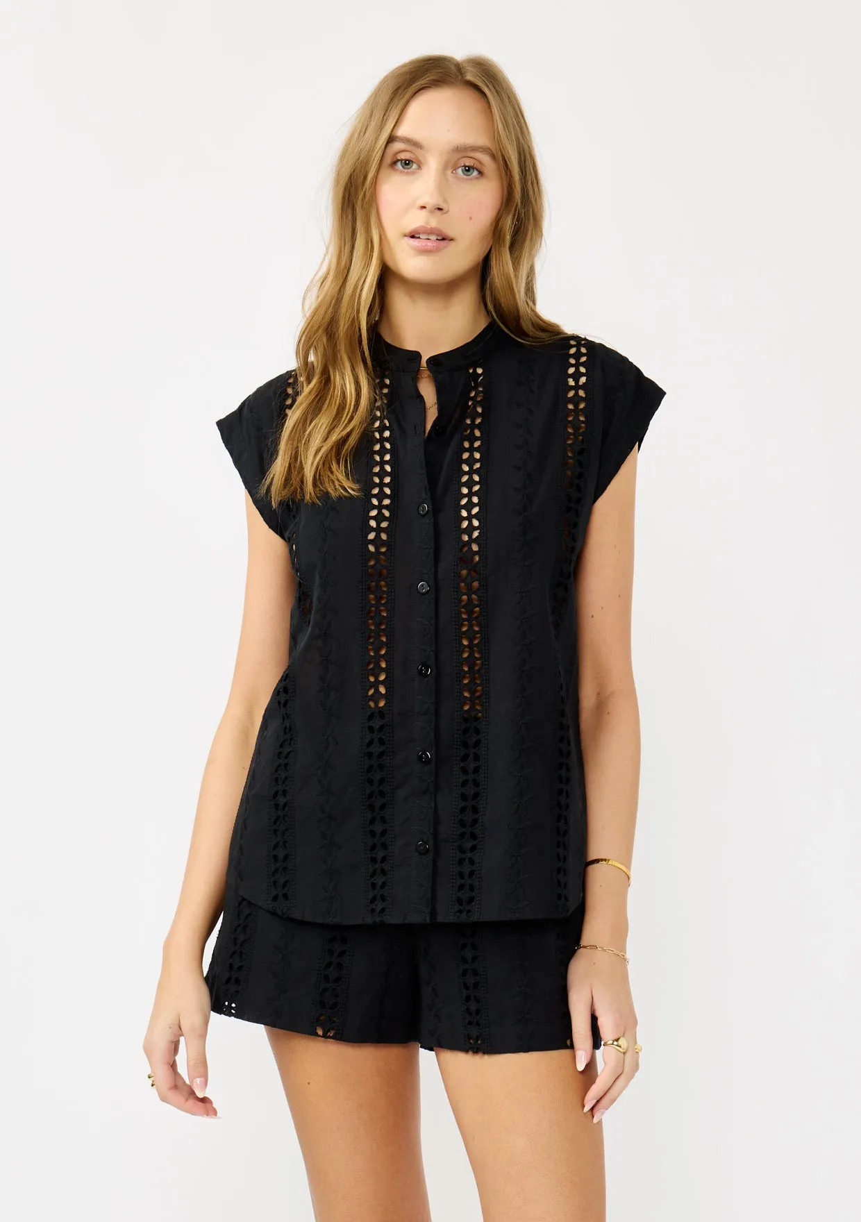 Embroidered Eyelet Button-Down Camp Shirt