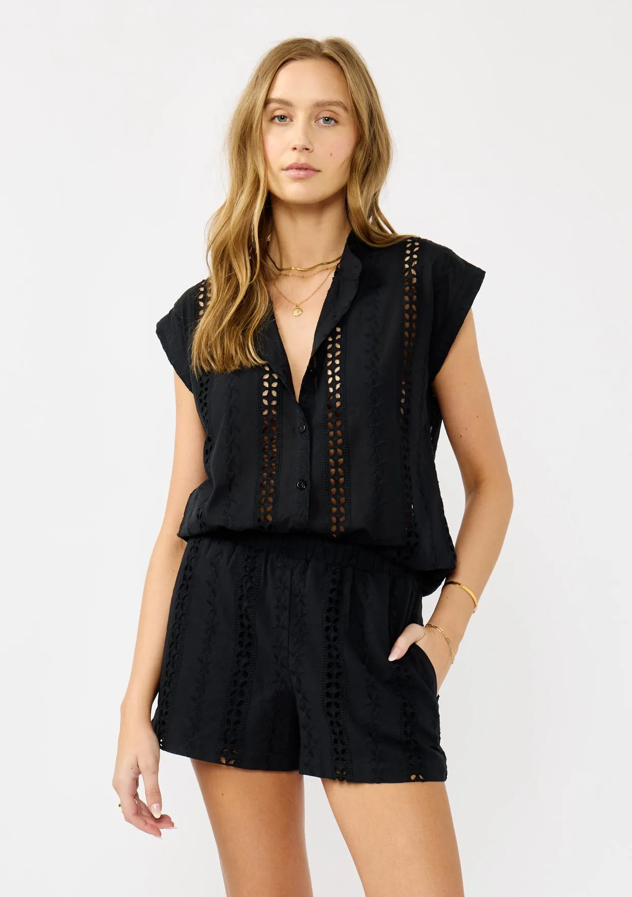 Embroidered Eyelet Button-Down Camp Shirt