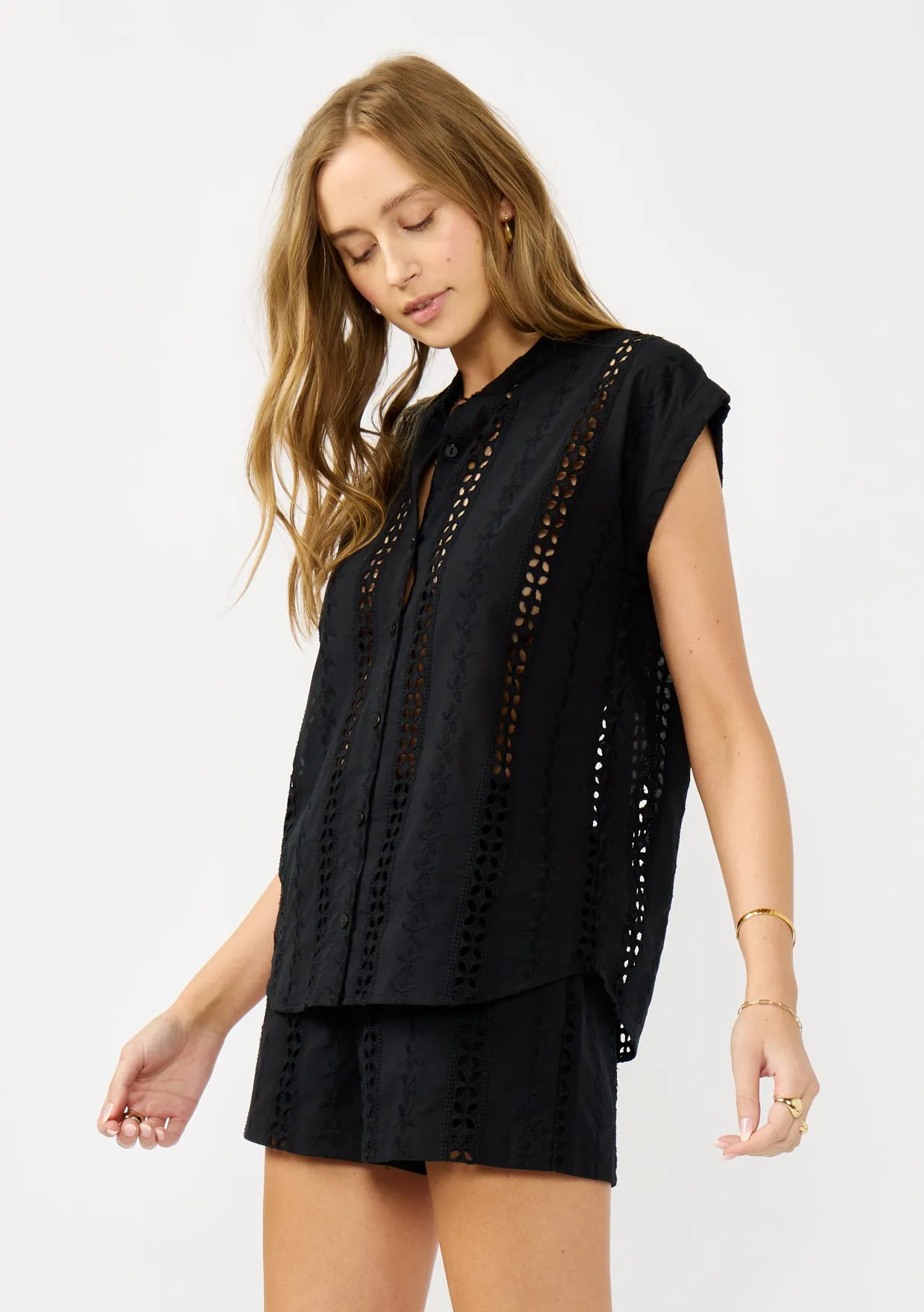 Embroidered Eyelet Button-Down Camp Shirt