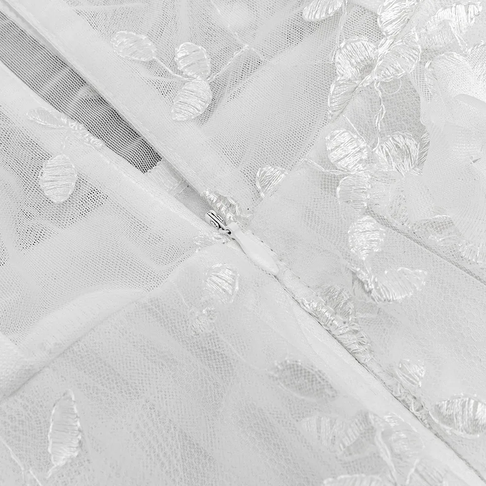 ENID WHITE FLORAL APPLIQUE MESH BANDAGE TUBE MAXI DRESS